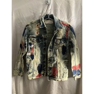 Evolution In Design Denim Jacket Youth Size M. 10/12 Distressed Paint Punk Metal